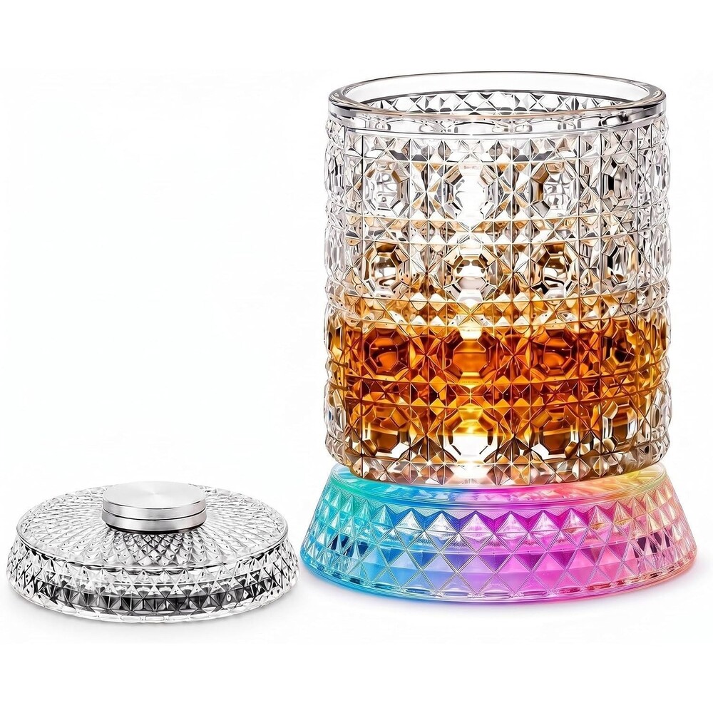 TarnorLer Spinning Whiskey Glass, 360° Rotating LED Base, Gemstone, 10 oz